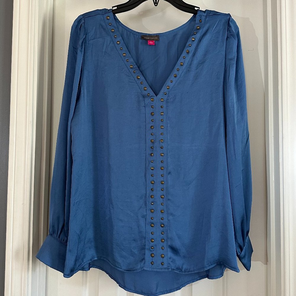 Vince Camuto Long Sleeve Riveted V Neck Blue Size L